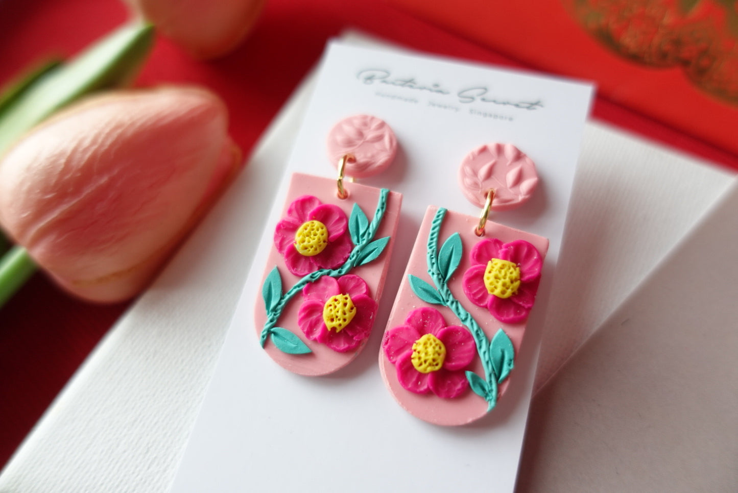 CNY Pink Blossom Bloom Polymer Clay Earrings 3