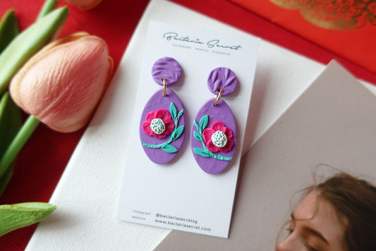 CNY Purple Blossom Bloom Polymer Clay Earrings 3