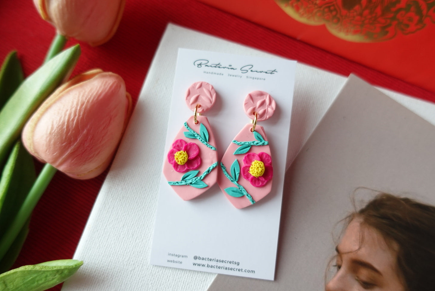 CNY Pink Blossom Bloom Polymer Clay Earrings 4