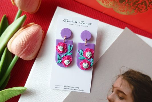 CNY Purple Blossom Bloom Polymer Clay Earrings 2