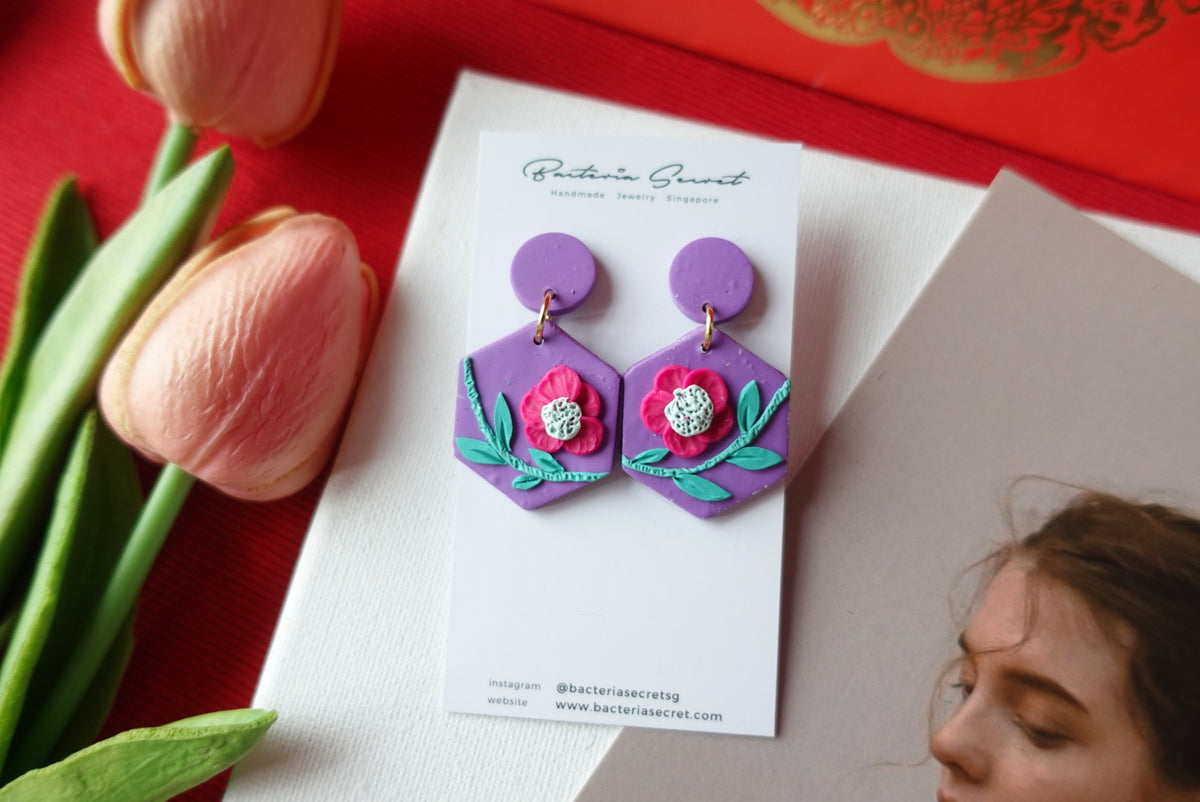 CNY Purple Blossom Bloom Polymer Clay Earrings 4