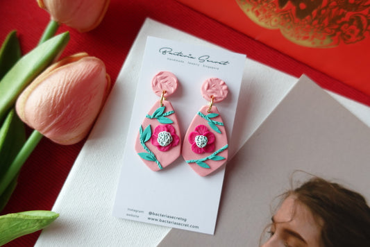 CNY Pink Blossom Bloom Polymer Clay Earrings 1